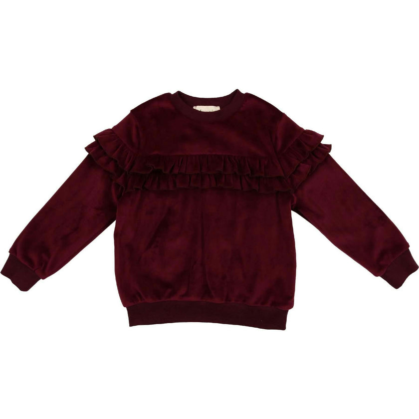 Velour Crew Neck Ruffle Chest Long Sleeve Sweatshirt