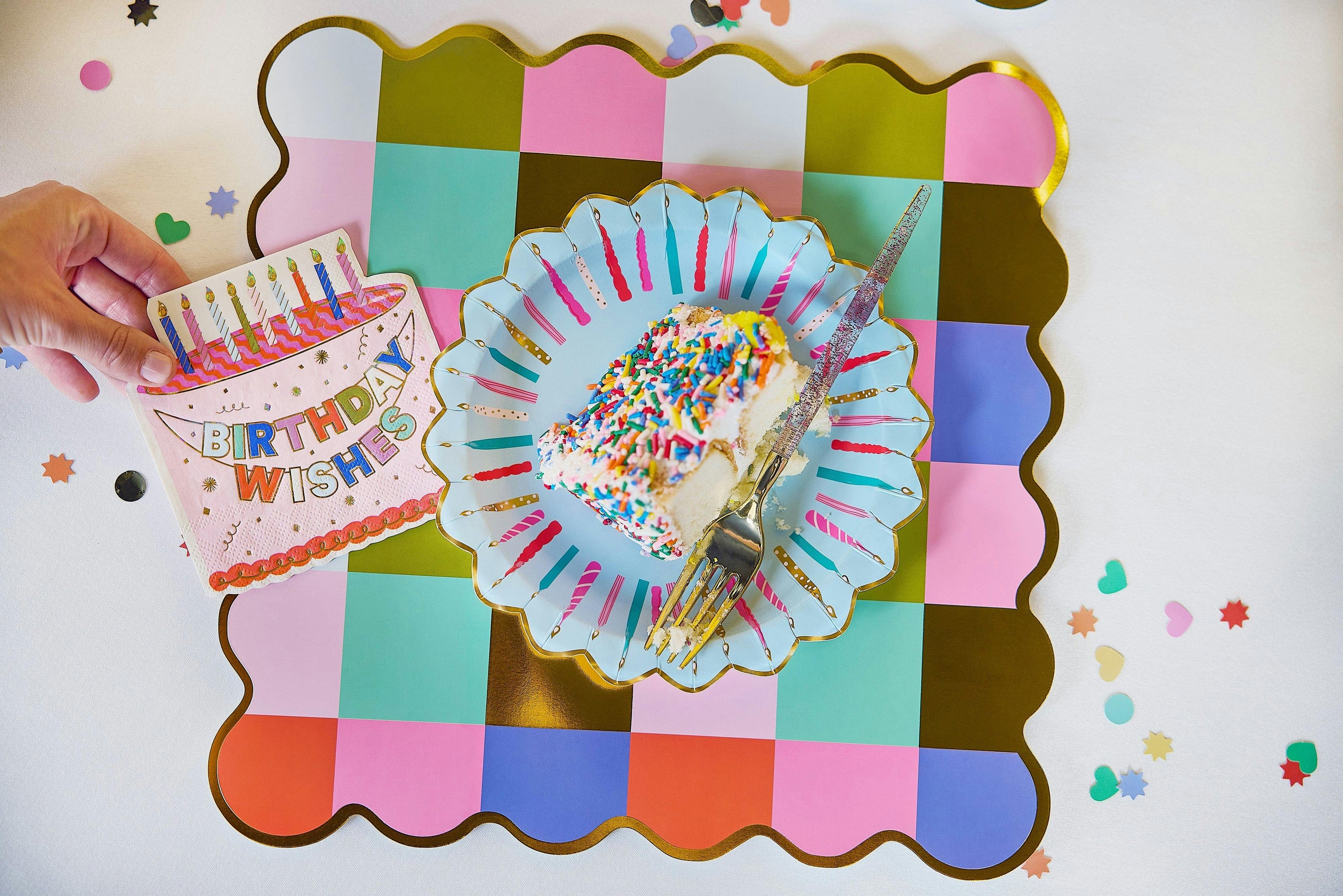 Packed Party Multicolor Checkered Square Paper Placemats 10ct | Gold Foil Festive Rainbow Design | 15 Inch Placemats for Birthday Party Tables