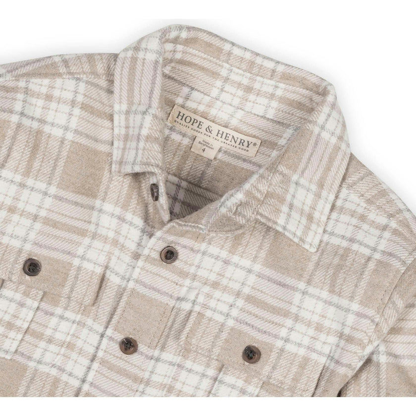 Boy's Organic Long Sleeve Flannel Shirt with Double Flap Pockets, Beige