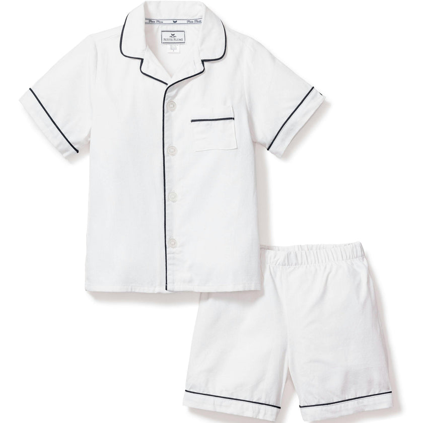 Kid's Twill Pajama Short Set in White with Navy Piping