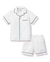 Kid's Twill Pajama Short Set in White with Navy Piping
