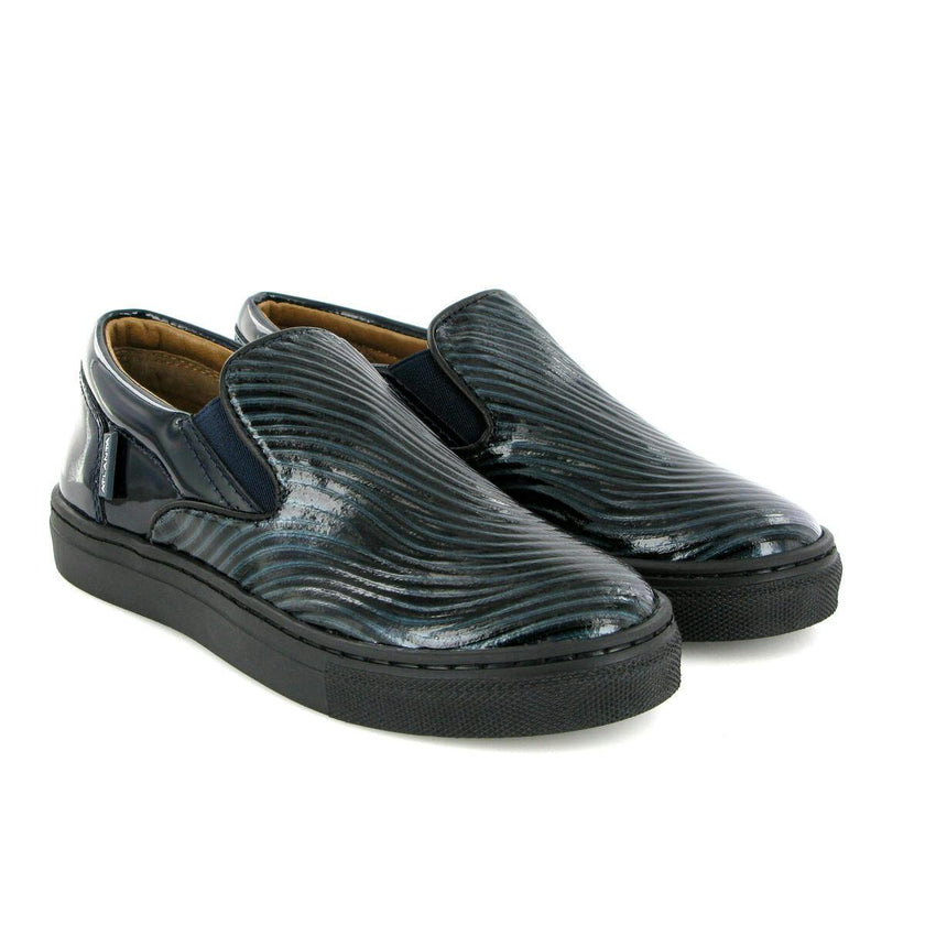 Leather Slip On Sneakers, Black & Dark Blue
