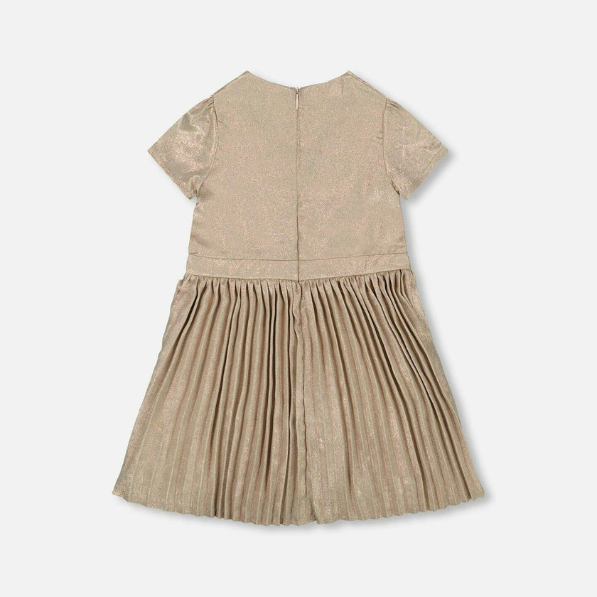 Short Sleeve Dress with Pleated Skirt Light Caramel