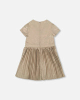 Short Sleeve Dress with Pleated Skirt Light Caramel