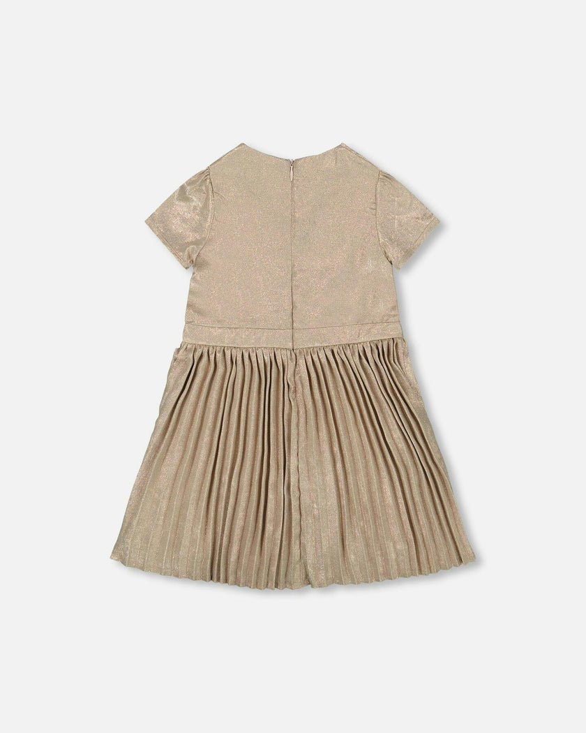 Short Sleeve Dress With Pleated Skirt Light Caramel