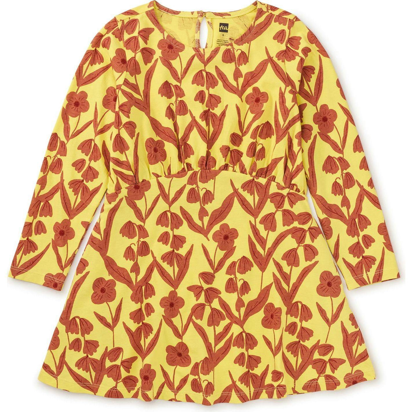 Floral Print Long Sleeve Curved Waist Pocket Dress, Yellow