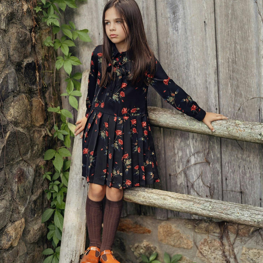 Woven Rose Print Dress Black