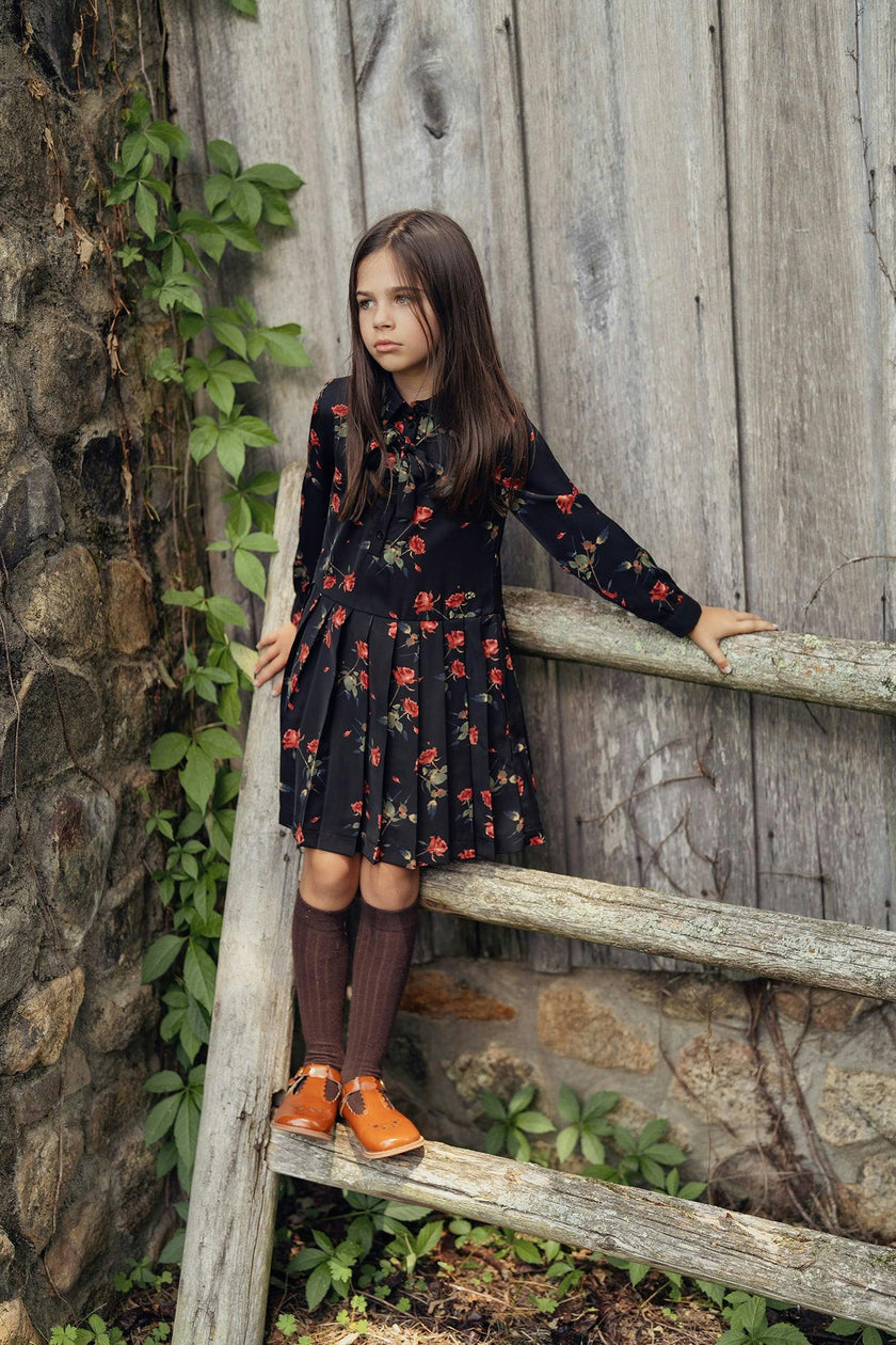 Woven Rose Print Pleated Button Front Dress