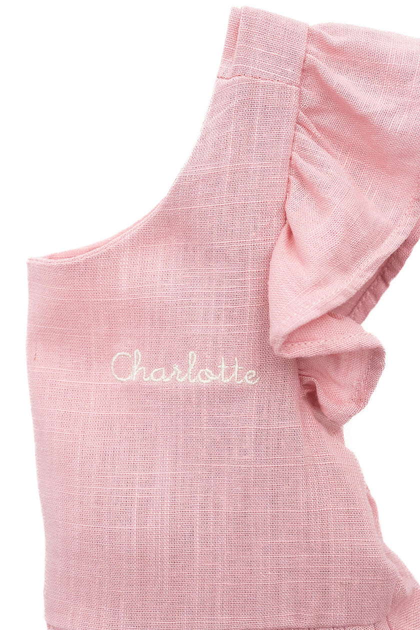 Custom Embroidered Girls Sleeveless Linen Dress, Pink