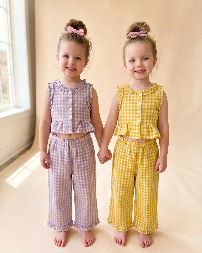 Yellow Gingham Ruffled Sleeveless Capri Set