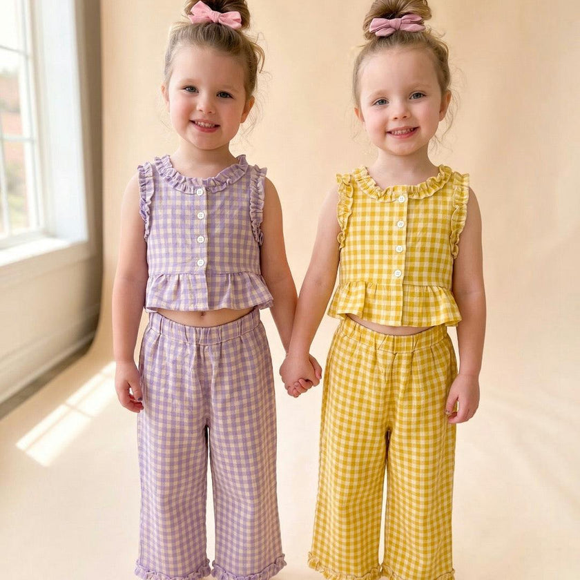 Lavender Gingham Ruffled Sleeveless Capri Set