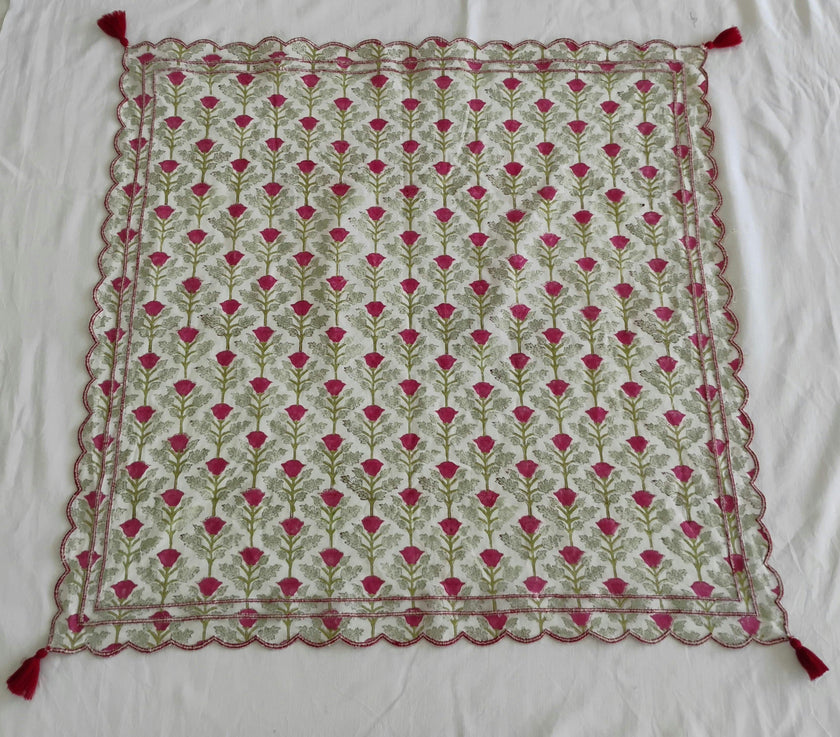 Embroidered Scalloped Scarf with Tassel Red Floral Print