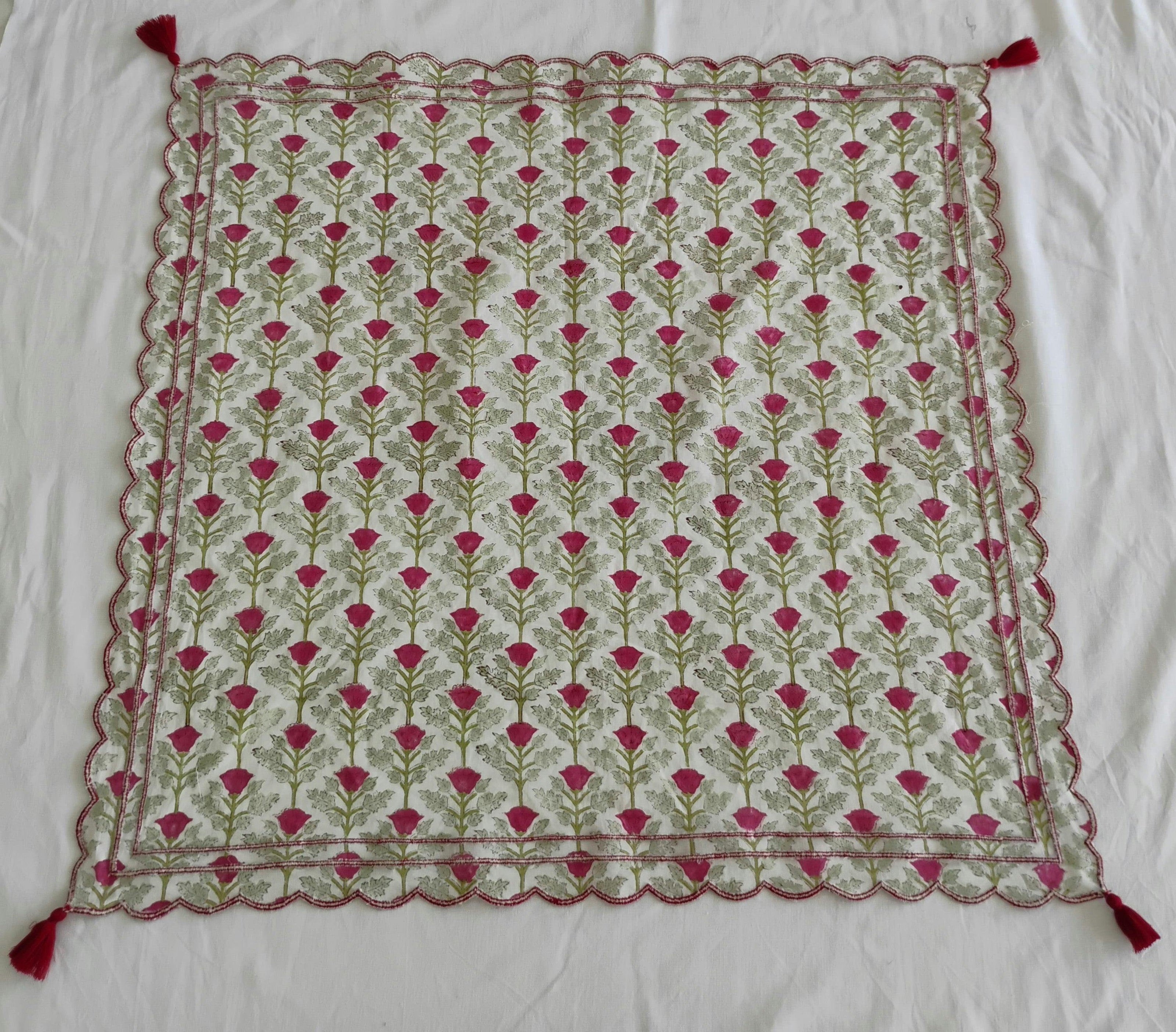 Embroidered Scalloped Scarf with Tassel Red Floral Print