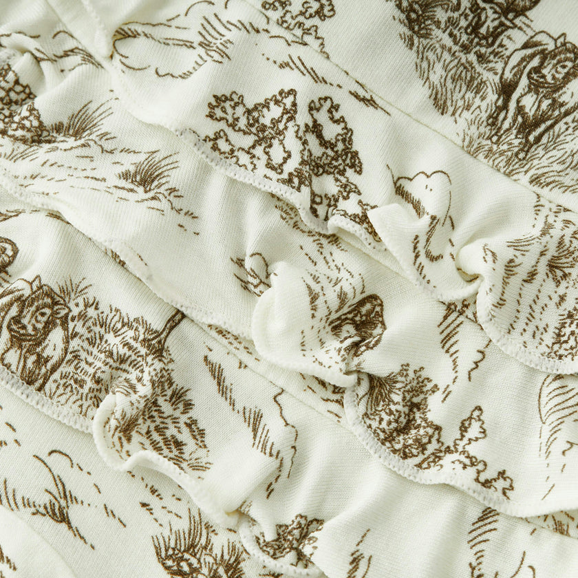 Country Toile Luxe Stretch Ruffle Footed Romper