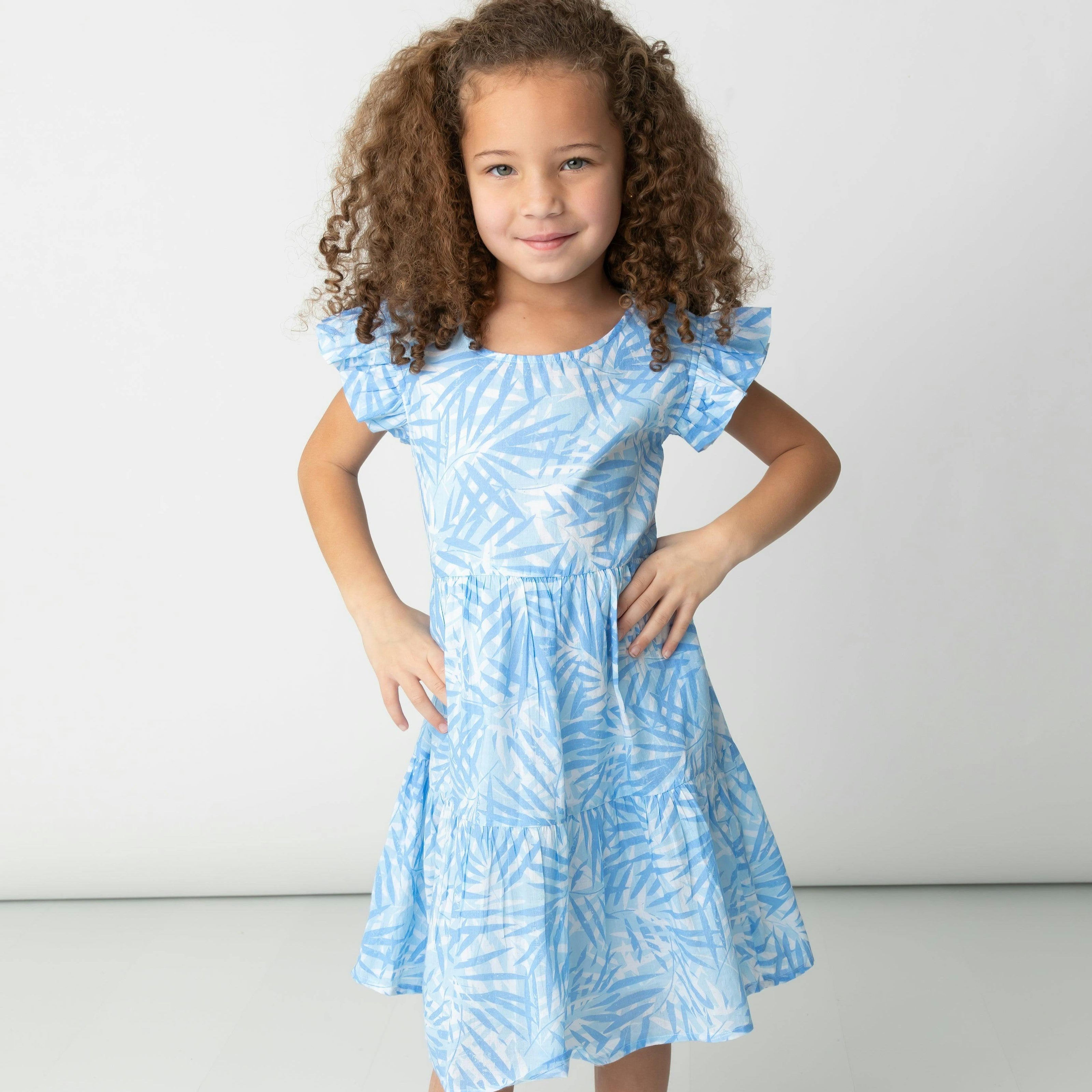 Tropical Palms Blue Summer Tier Dress