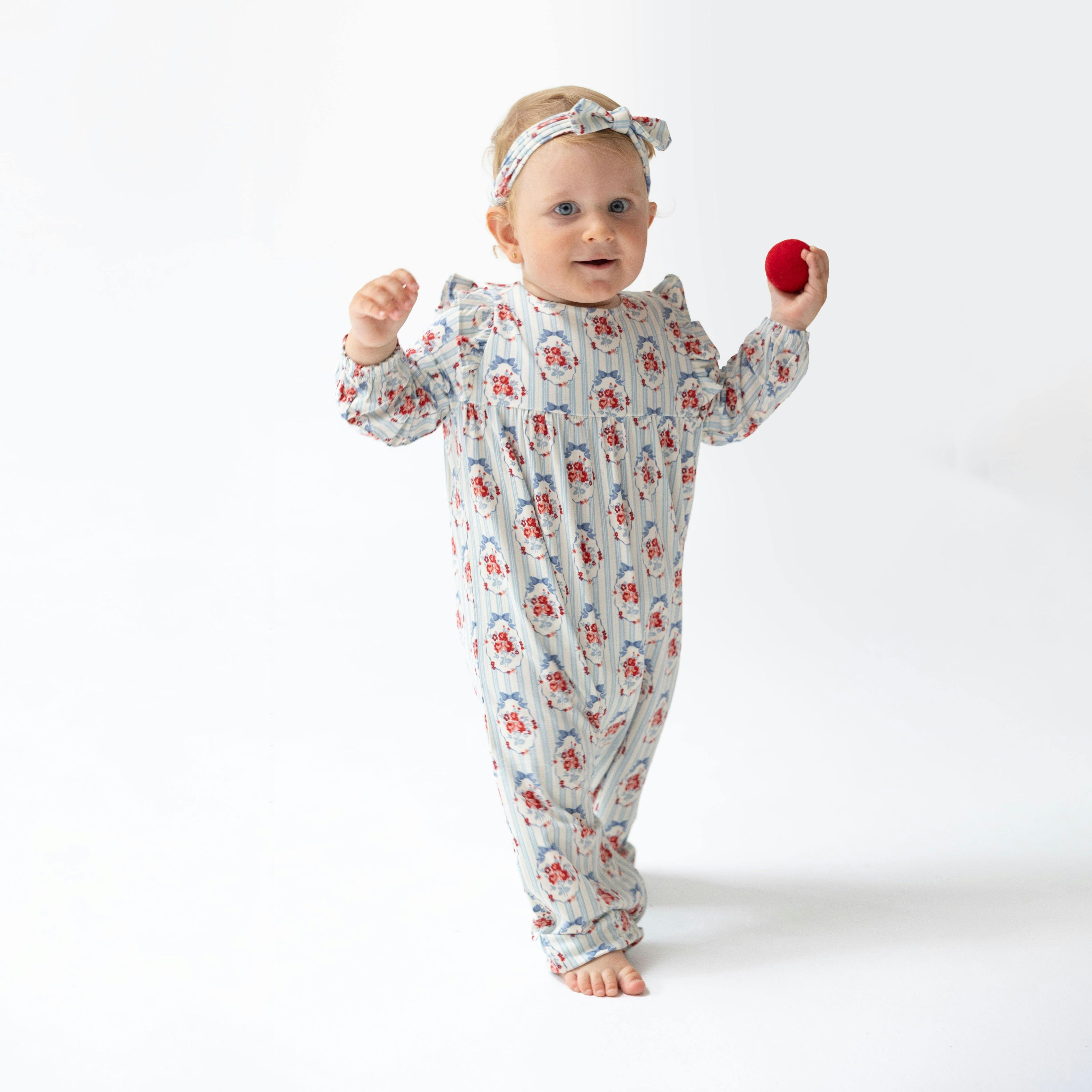 Beverly Cameo Stripe - Ruffle Sleeve Snap Romper
