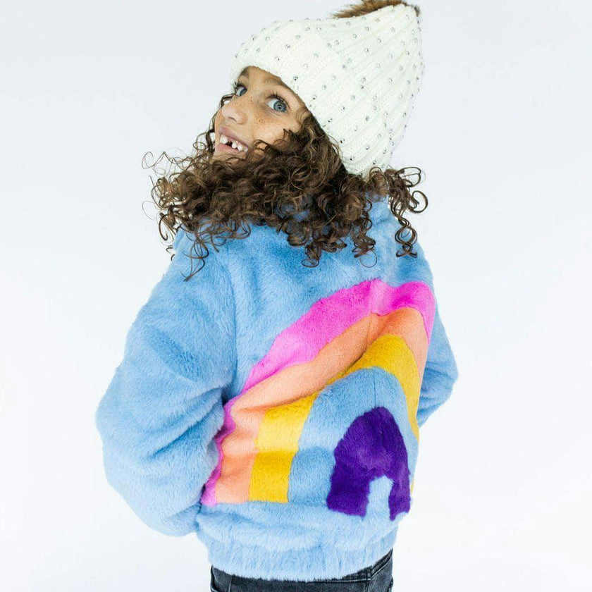 Rainbow Faux Fur Coat Baby Blue