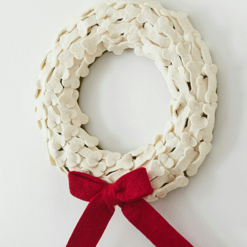 Dog Bones Red Bow Handmade Hand Felted Wool Wreath - 14" Arcadia Home