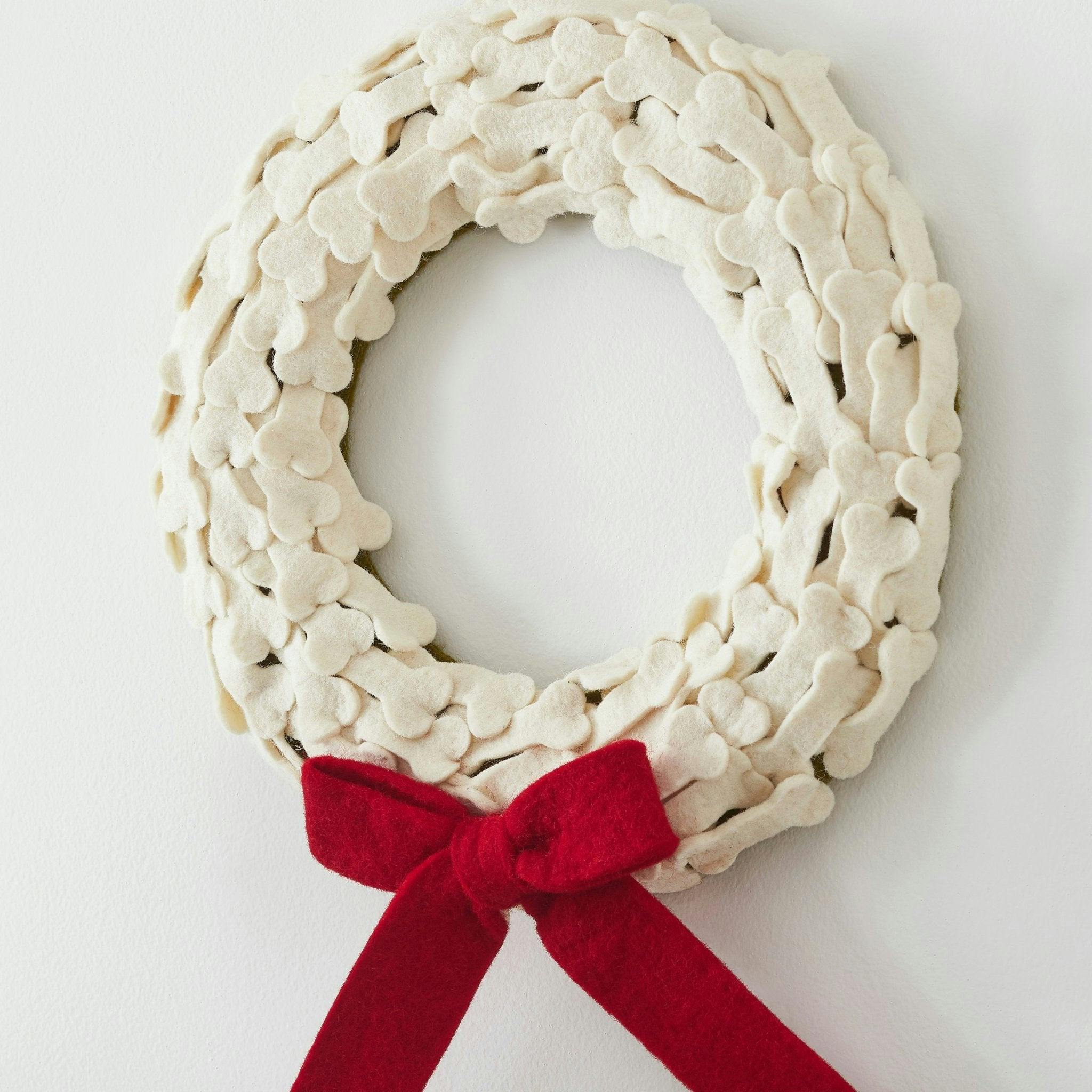 Dog Bones Red Bow Handmade Hand Felted Wool Wreath - 14