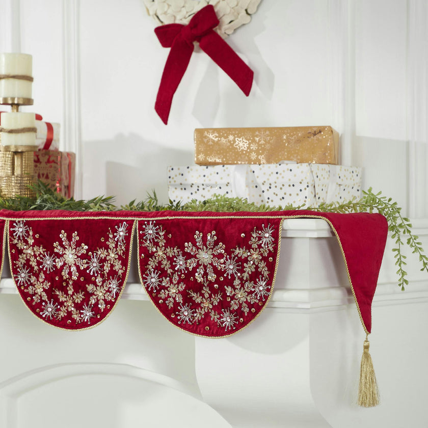 Red Velvet Mantel Scarf Hand Beading and Crewel Embroidery - 72"