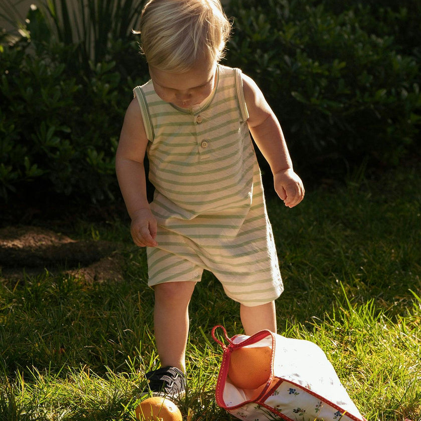 Lachlan Romper, Dusty Blue Stripe