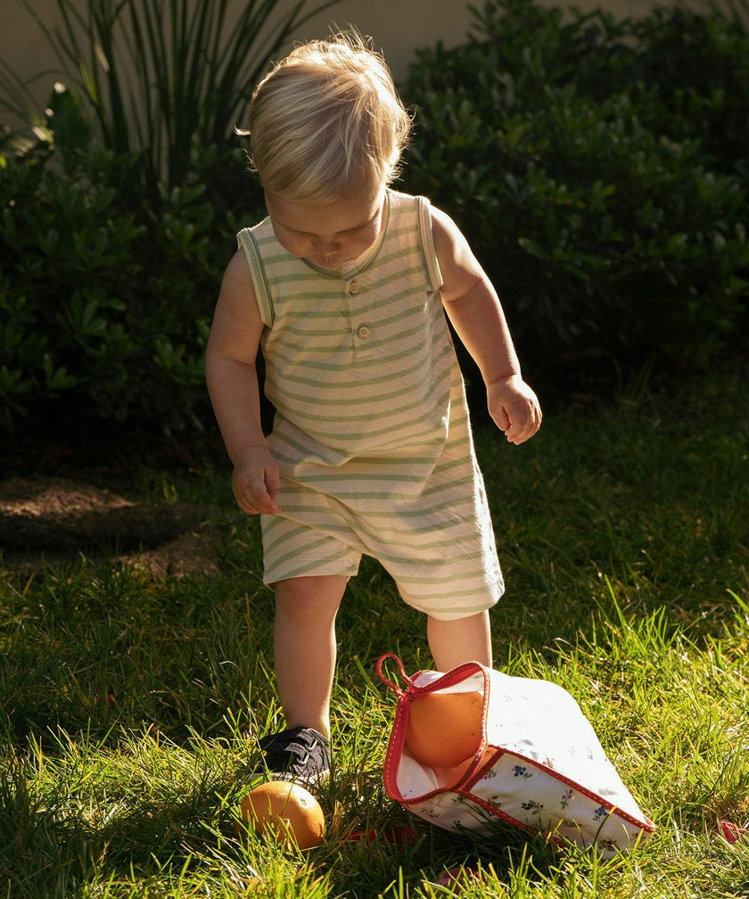 Lachlan Romper, Dusty Blue Stripe