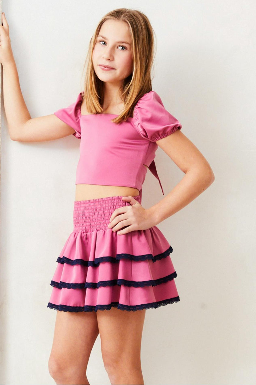 Gemma Satin Rose Mini Skirt with Navy Lace