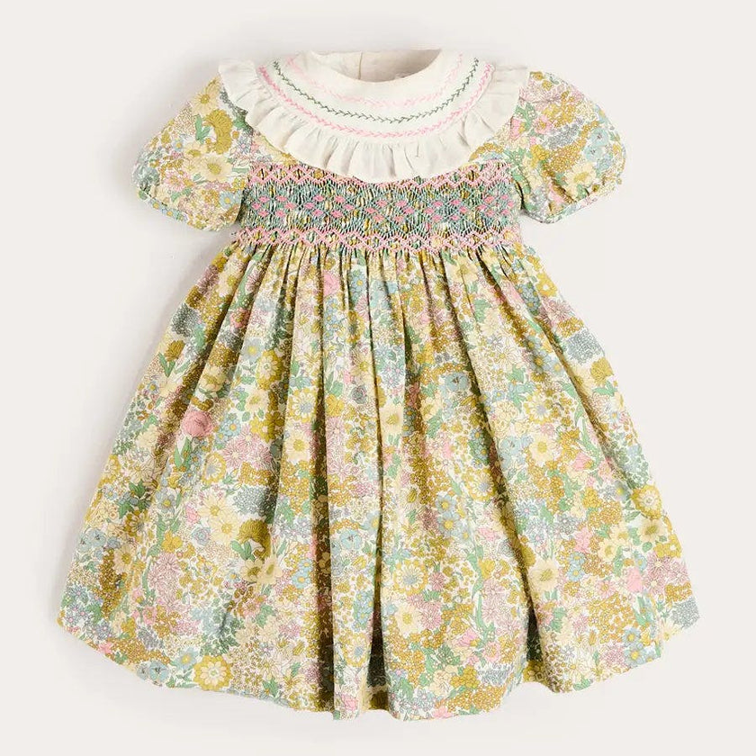 Charlotte Floral Hand Smocked Embroidered Collar Short Sleeve Dress in Green (4-8yrs)