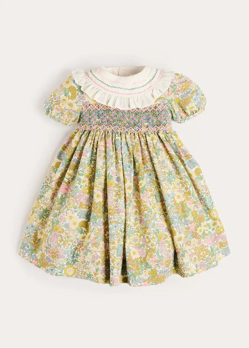 Charlotte Floral Hand Smocked Embroidered Collar Short Sleeve Dress in Green (4-8yrs)