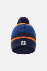 Winter Knit Hat with Pompom Color Block Orange and Blue