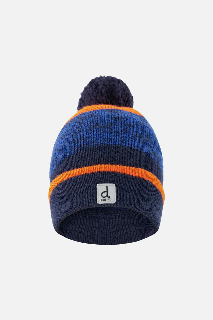 Winter Knit Hat with Pompom Color Block Orange and Blue