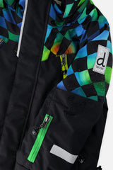 Two Piece Play Snowsuit Black Colorblock With Green Yellow And Blue Checkerboard Pants