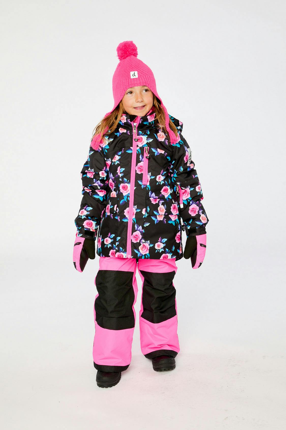 Two Piece Play Snowsuit Black Rose Print With Pink Pants