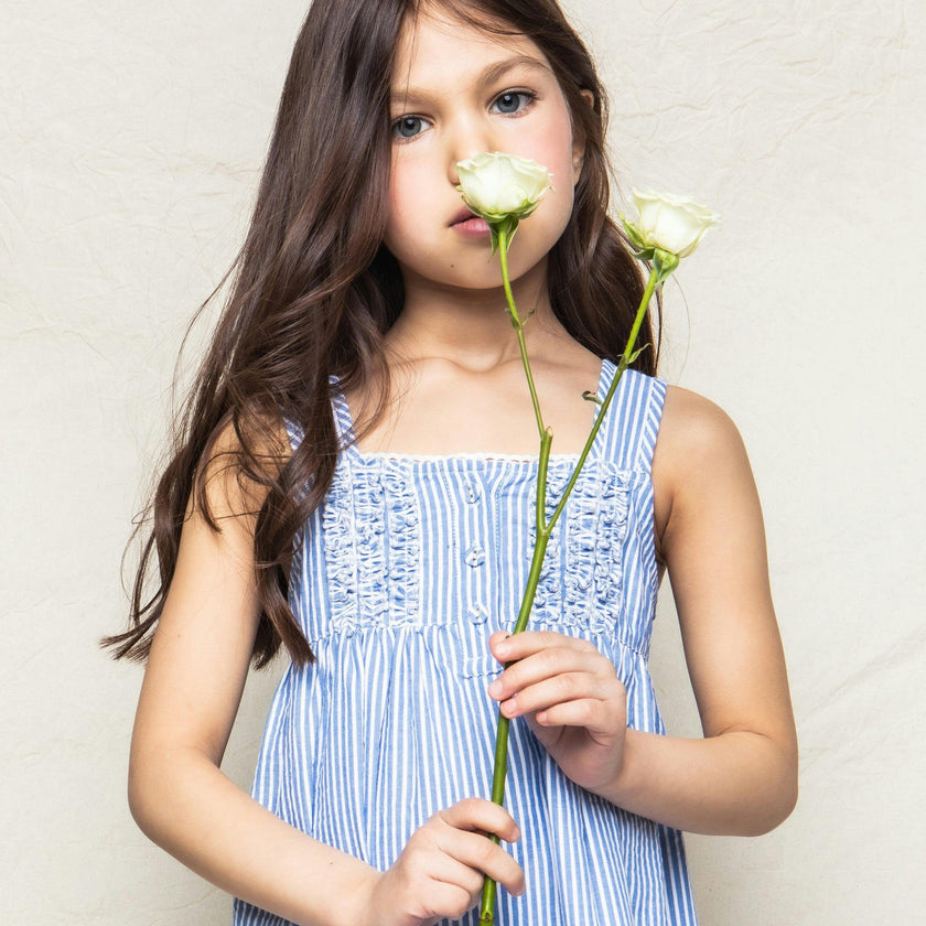 Girl's Twill Charlotte Nightgown in French Blue Stripes