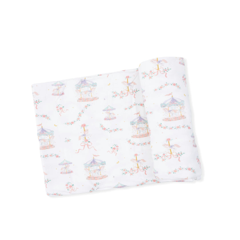 Carousel with Bows - 2 Way Ruffle Back Zipper Footie, Headband, & Swaddle Blanket Set