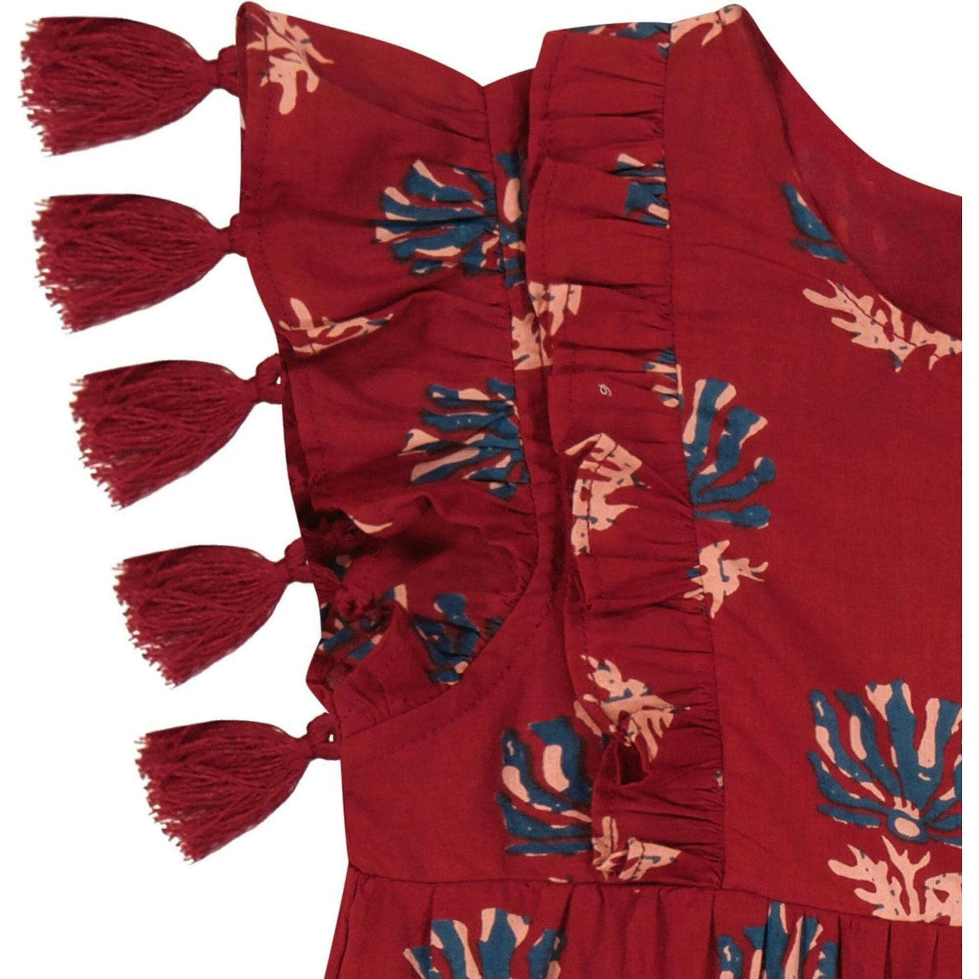 Sophie Floral Print Double Layer Tassel Dress, Red