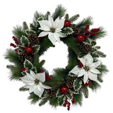 26" White Poinsettia, Pinecone & Berry Wreath Pre-Lit