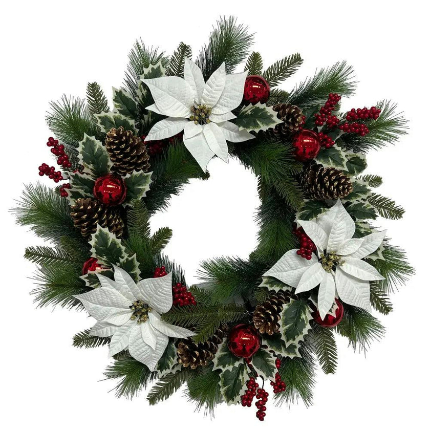 26" White Poinsettia, Pinecone & Berry Wreath Pre-Lit