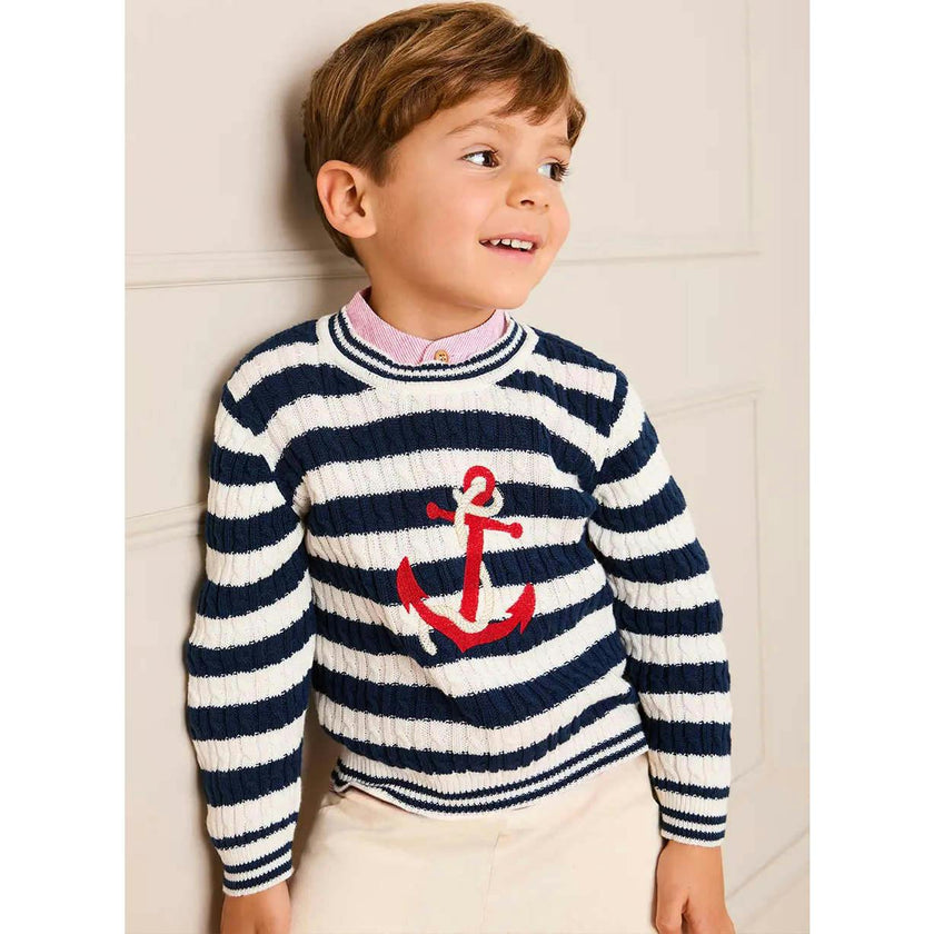Anchor Motif Cable Knit Sailor Stripe Jumper in Navy (12mths- 10yrs)