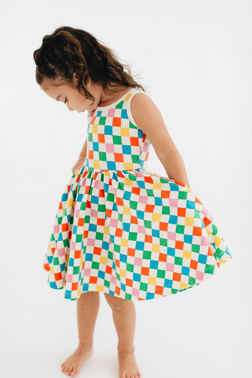 Sleeveless Twirl Dress in Party Checkers