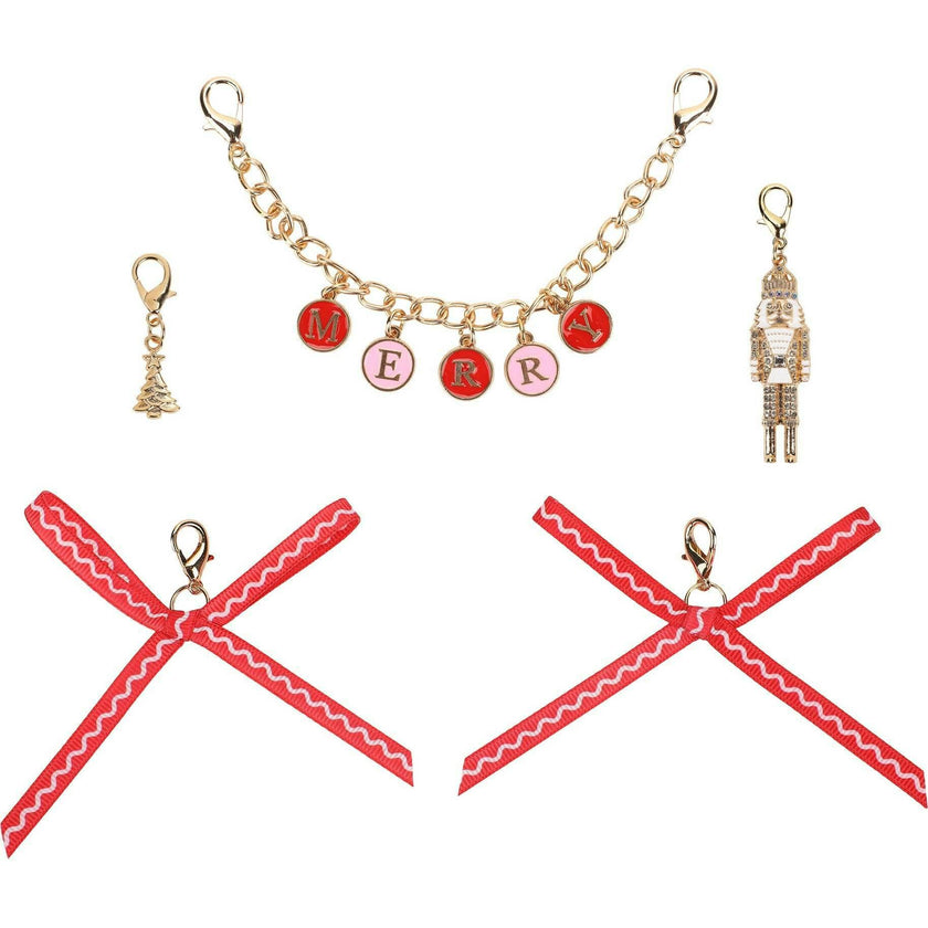 Packed Party Holiday Christmas Shoe Charm Set 5pc - Red Rickrack Bows, Gold Nutcracker, Tree Charm, and MERRY Letter Chain for Festive Sneakers