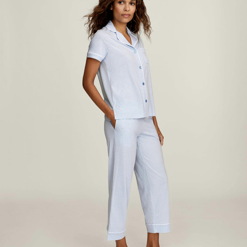 Women's Lightweight Pima Cropped Pajama Set in Periwinkle Geo