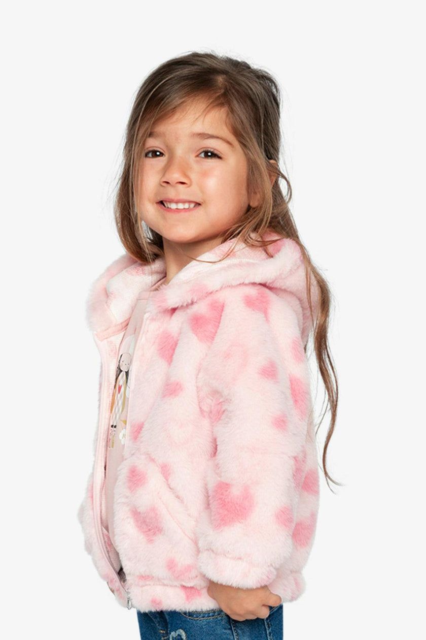 Hooded Full Zip Faux Fur Jacket Pink Printed With Hearts