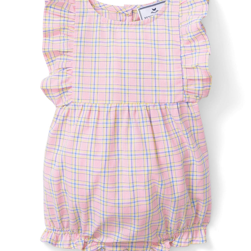 Baby's Twill Ruffled Romper in Peony Plaid