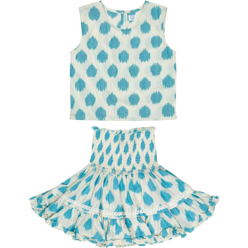 Maribel Cropped Women's Tank and Skirt Set Cream Aqua Ikat, Blue