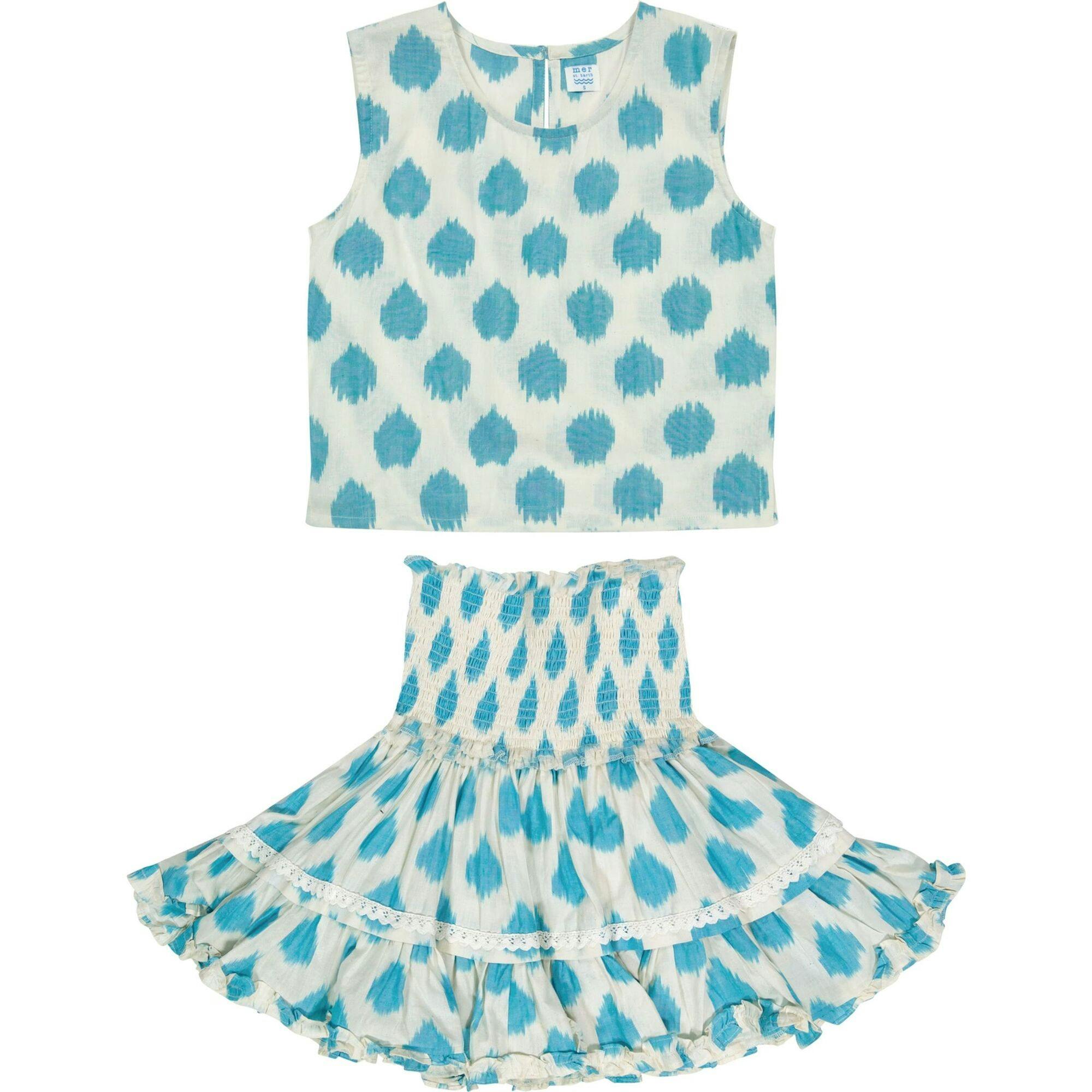 Maribel Cropped Women's Tank and Skirt Set Cream Aqua Ikat, Blue
