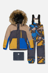 Two Piece Play Snowsuit Colorblock with Grey and Blue Dinosaur Print Pants