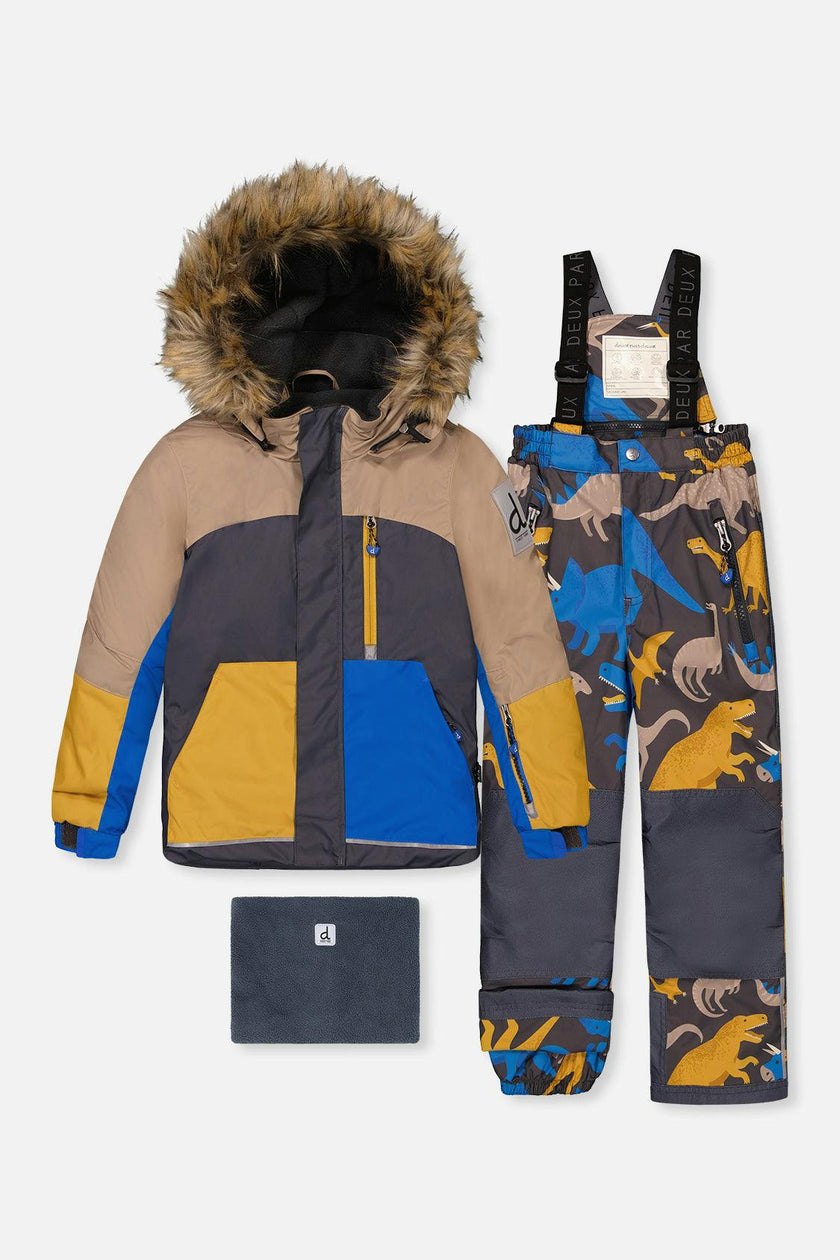 Two Piece Play Snowsuit Colorblock with Grey and Blue Dinosaur Print Pants