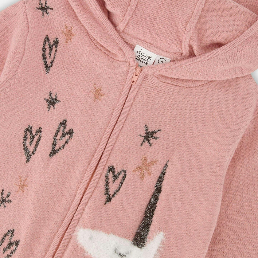 Hooded Knit Cardigan with Intarsia