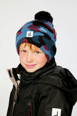Winter Knit Hat With Pompom Blue And Red Camouflage